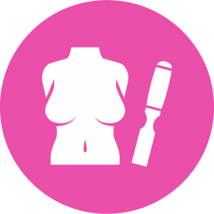A Pink circular image of a woman's breasts and a chisel depicting the doctor chiseling the patients body to how they would like it to be