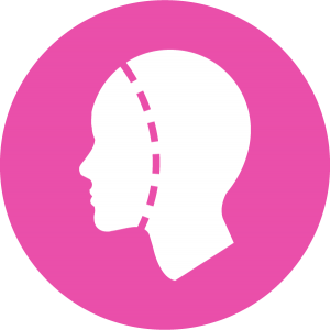 A pink medical facial surgery icon representing a patients face being surgical cut for their procedure